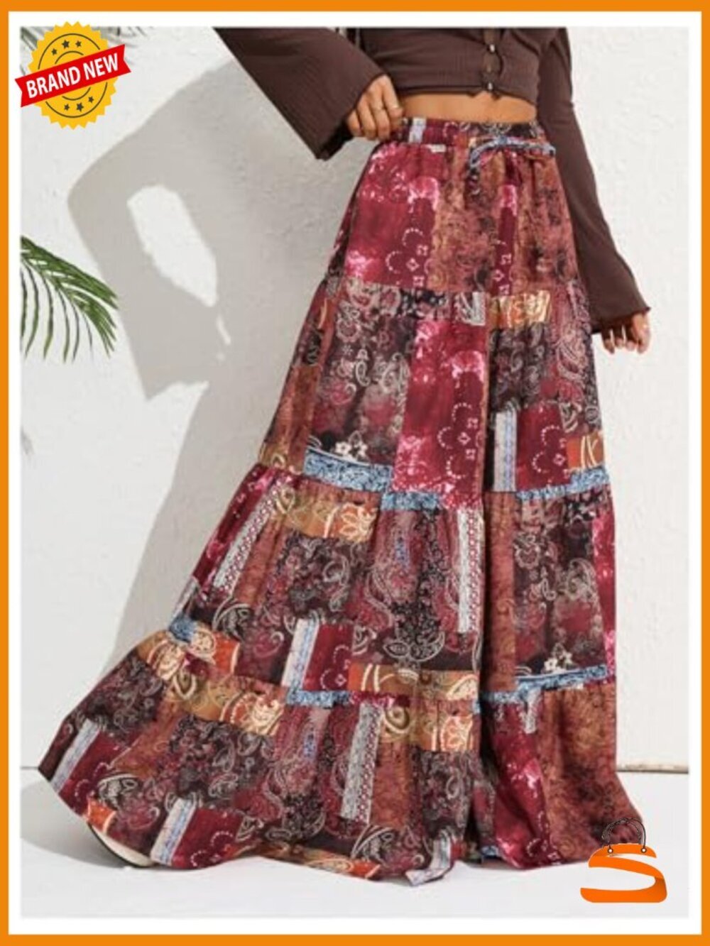 Hippie Ruffle Flowy Wide Leg Palazzo Pants Elastic Waist Vintage - Picture 4 of 5